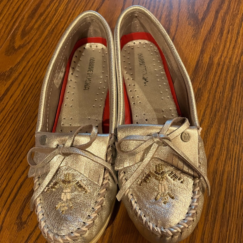 Minnetonka Silver Moccasins with Red Interior